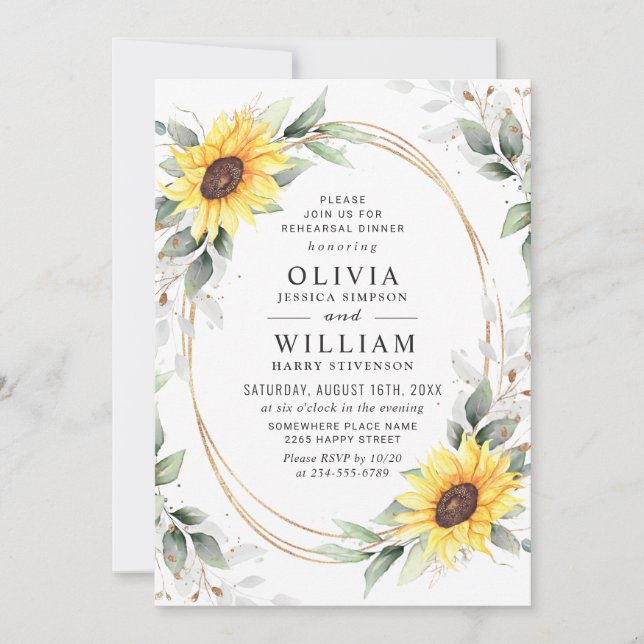 Invitación Elegante Sunflowers Greenery Rehearsal Dinner (Anverso)