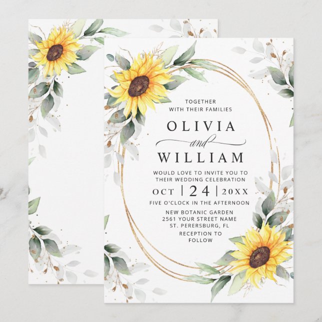 Invitación Elegante Sunflowers Watercolor Greenery Boda (Anverso / Reverso)