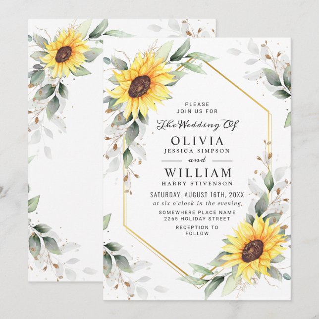 Invitación Elegante Sunflowers Watercolor Greenery Boda (Anverso / Reverso)