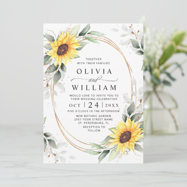 Invitación Elegante Sunflowers Watercolor Greenery Boda (Anverso de pie)