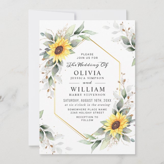 Invitación Elegante Sunflowers Watercolor Greenery Boda (Anverso)