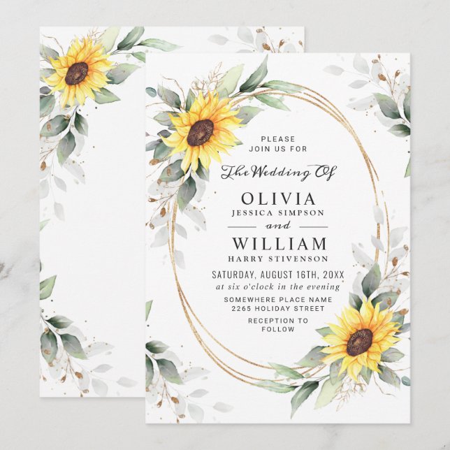 Invitación Elegante Sunflowers Watercolor Greenery Boda (Anverso / Reverso)