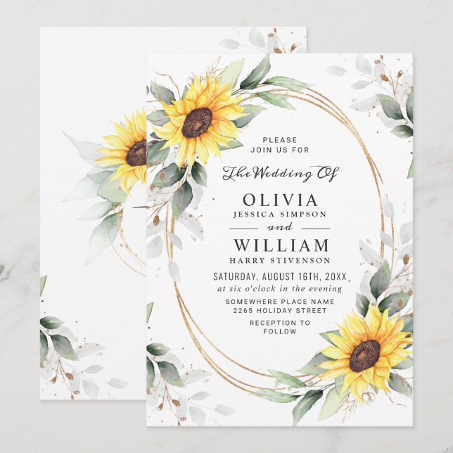 Invitación Elegante Sunflowers Watercolor Greenery Boda (Anverso / Reverso)