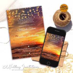 Invitación Elegante Sunset Beach String Luces Boda de verano