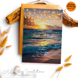 Invitación Elegante Sunset Beach String Luces Boda de verano