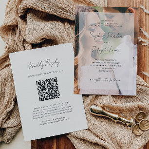 Invitación Elegante superposición de fotos y Boda de código Q