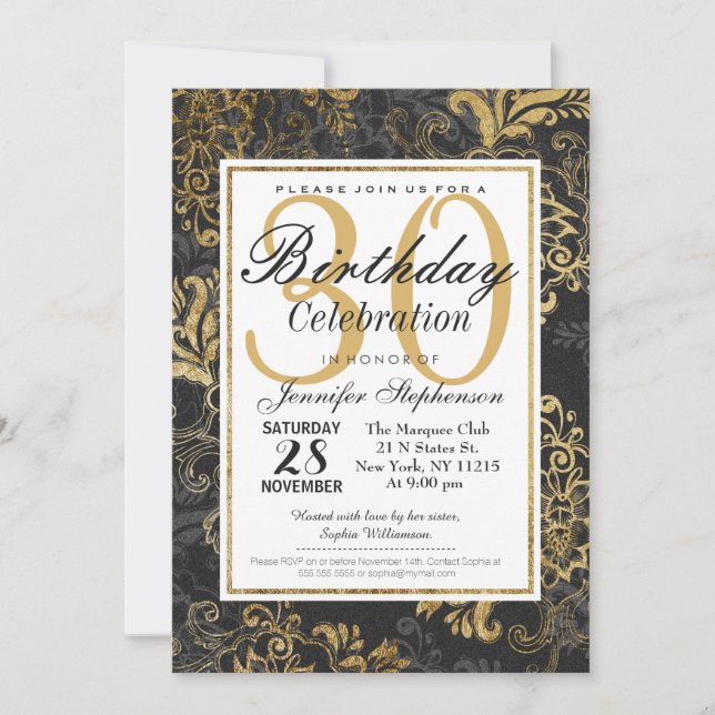 Invitación Elegante Swanky Faux Gold, Black & Grey Floral (Anverso)