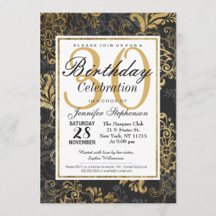 Invitación Elegante Swanky Faux Gold, Black & Grey Floral