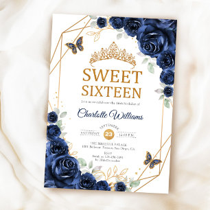 Invitación Elegante Sweet 16 Rosas Azules Navy Oro