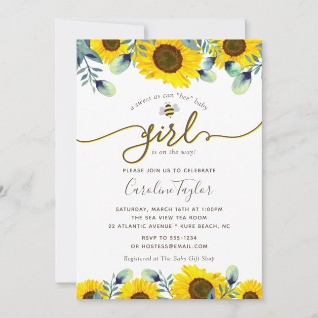 Invitación Elegante Sweet Bee Sunflowers Chica Baby Shower (Anverso)