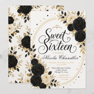 Invitación Elegante Sweet Sixteen Negro Oro
