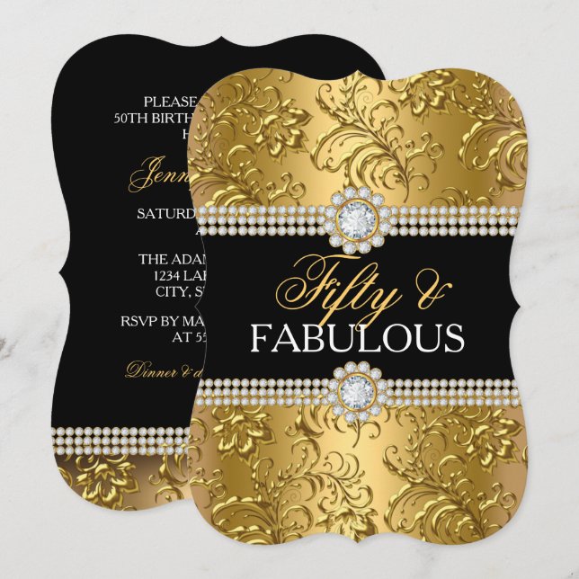 Invitación Elegante Swirl Floral Gold 50 y Fabuloso Fiesta (Anverso / Reverso)