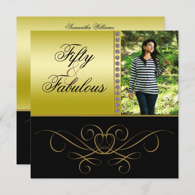 Invitación Elegante Swirls & Diamond Fabial 50 Photo Women's (Anverso / Reverso)