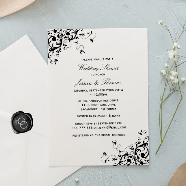 Invitación Elegante Swirls ducha de la boda blanca y negra (Subido por el creador)