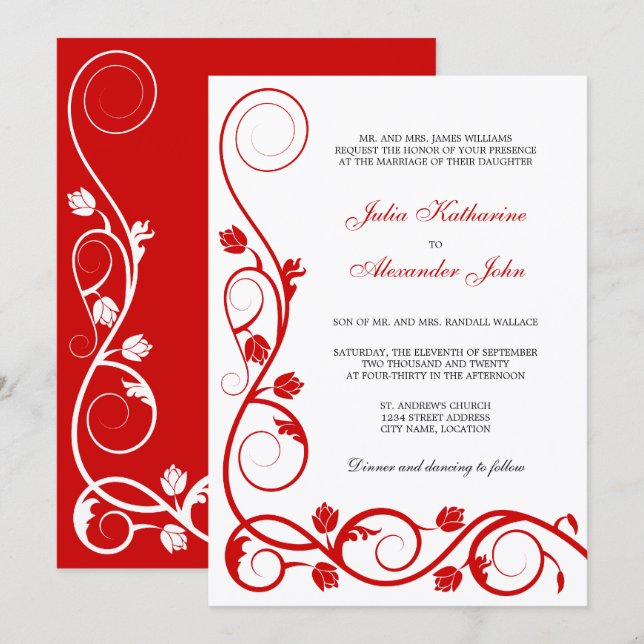 Invitación Elegante Swirls Rojo y Blanco (Anverso / Reverso)