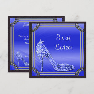 Invitación Elegante tacón azul de Sweet 16 enmarcado en plata