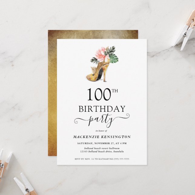 Invitación Elegante tacones altos de oro floral 100 cumpleaño (Anverso/Reverso In Situ)