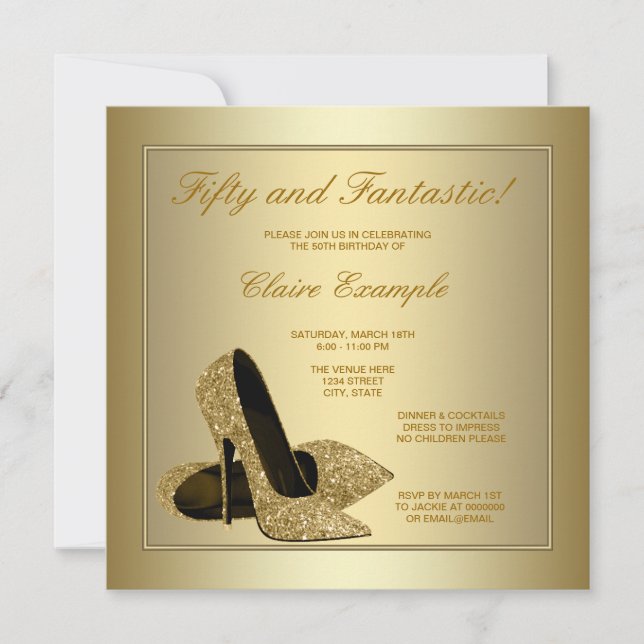 Invitación Elegante tacones altos de oro Mujeres Oro 50 cumpl (Anverso)