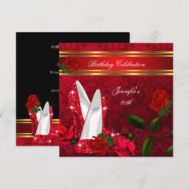 Invitación Elegante tacones altos Rojo Rosa Negro Dorado Cump (Anverso / Reverso)