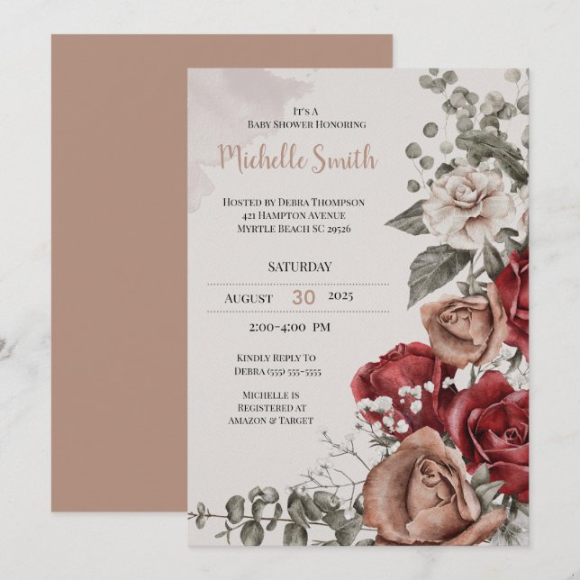 Invitación Elegante Tan Burgundy Floral Baby Shower (Anverso / Reverso)