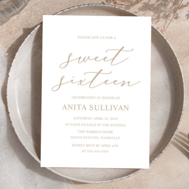Invitación Elegante Tan Caligrafía Dulce Dieciséis Cumpleaños (Subido por el creador)