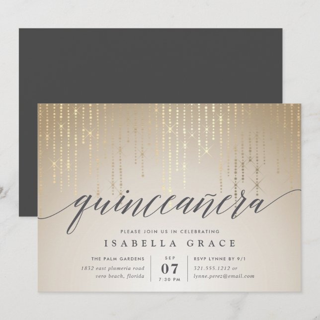 Invitación Elegante Tapa Dorada Luces Quinceanera (Anverso / Reverso)