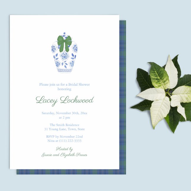 Invitación Elegante Tartán Chinoiserie Vacaciones Bridal Show (Simple elegant Christmas Bridal Shower Invitation featuring a ginger jar vase with green bow)