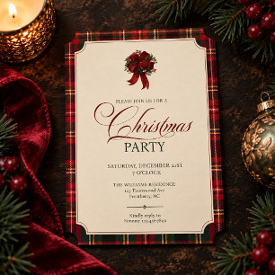 Invitación Elegante Tartán Rojo Cuadros Lazo Fiesta de Navida