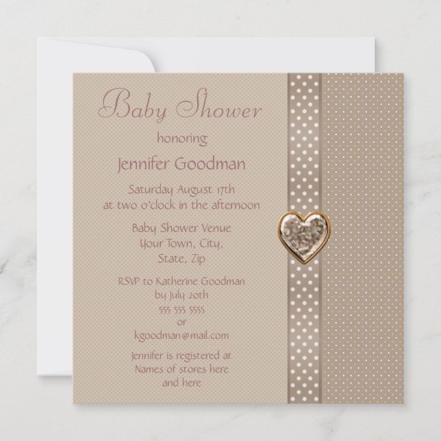 Invitación Elegante Taupe Bow & Heart Jewels Baby Shower (Anverso)
