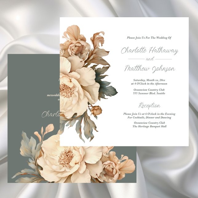Invitación Elegante Taupe Con Boda Floral Verde (Elegant Taupe With Green Floral Wedding Invitation)