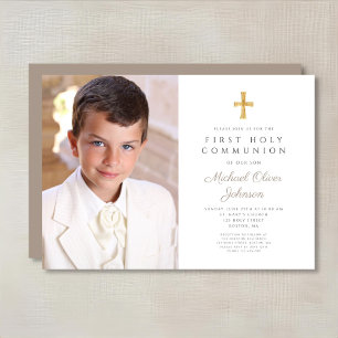 Invitación Elegante Taupe Cruz Foto Niño Primera Comunión