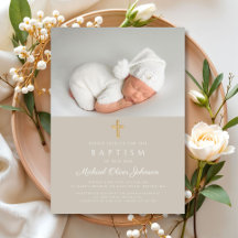 Elegante Taupe Religioso Cross Photo Baptism