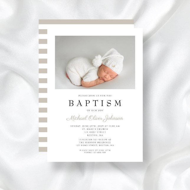 Invitación Elegante Taupe Stripes Boy Baptism Photo (Elegant Taupe Stripes Boy Baptism Photo Invitation)