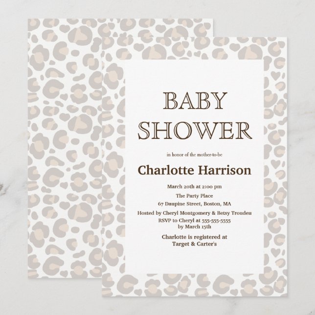 Invitación Elegante Taupe & White Cheetah Imprimir Baby Showe (Anverso / Reverso)