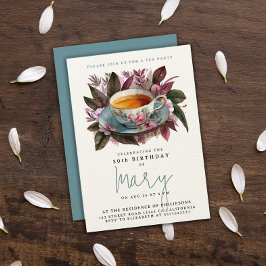 Invitación Elegante Taza de Fiesta de Té Burgundy Floral Acua