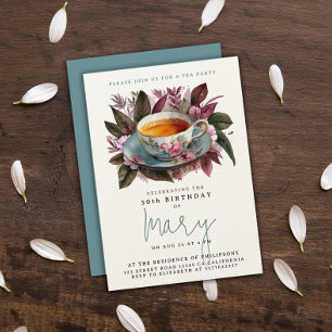 Invitación Elegante Taza de Fiesta de Té Burgundy Floral Acua