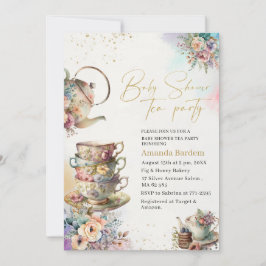 Invitación Elegante té acuarela fiesta chica bebé de oro rosa