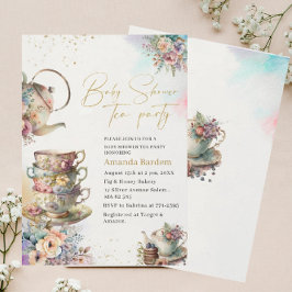 Invitación Elegante té acuarela fiesta chica bebé de oro rosa