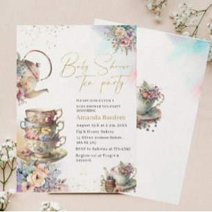 Invitación Elegante té acuarela fiesta chica bebé de oro rosa