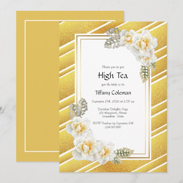 Invitación Elegante Té alto de novia floral dorada (Anverso / Reverso)