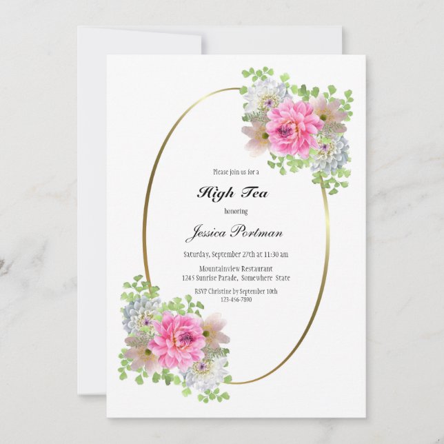 Invitación Elegante Té Alto Floral Rosa Desayuno de Novia (Anverso)