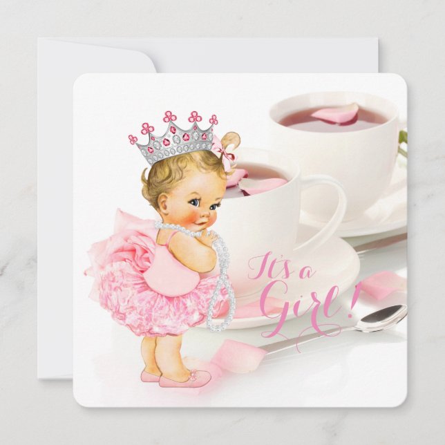 Invitación Elegante Té Baby Shower de la Copa de Té Rosa Peta (Anverso)