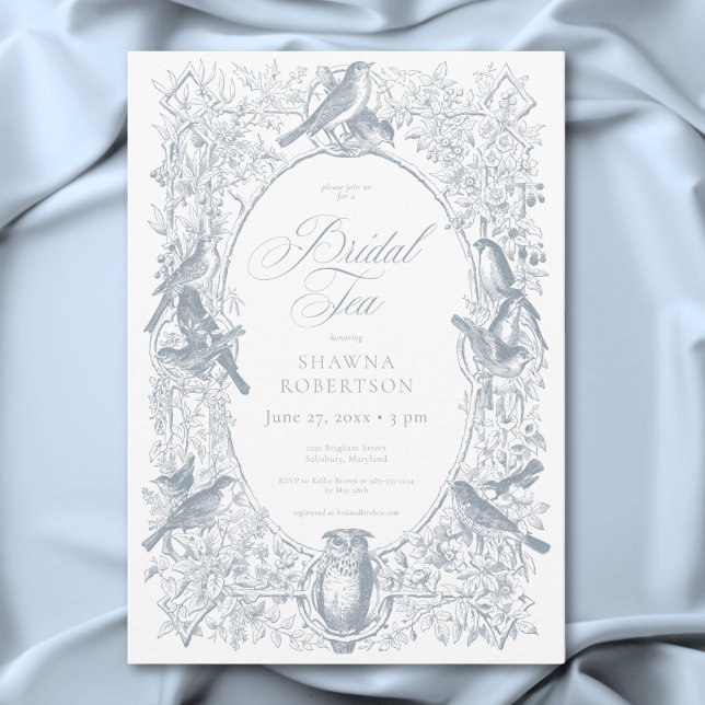 Invitación Elegante té de boda de pájaros de la naturaleza en (Elegant Blue Chinoiserie Nature Birds Bridal Tea Invitation)