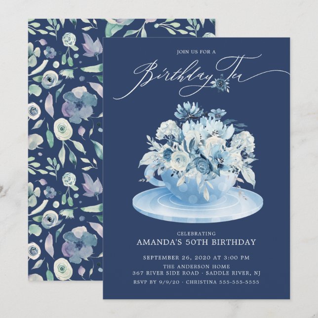 Invitación Elegante té de cumpleaños floral azul (Anverso / Reverso)