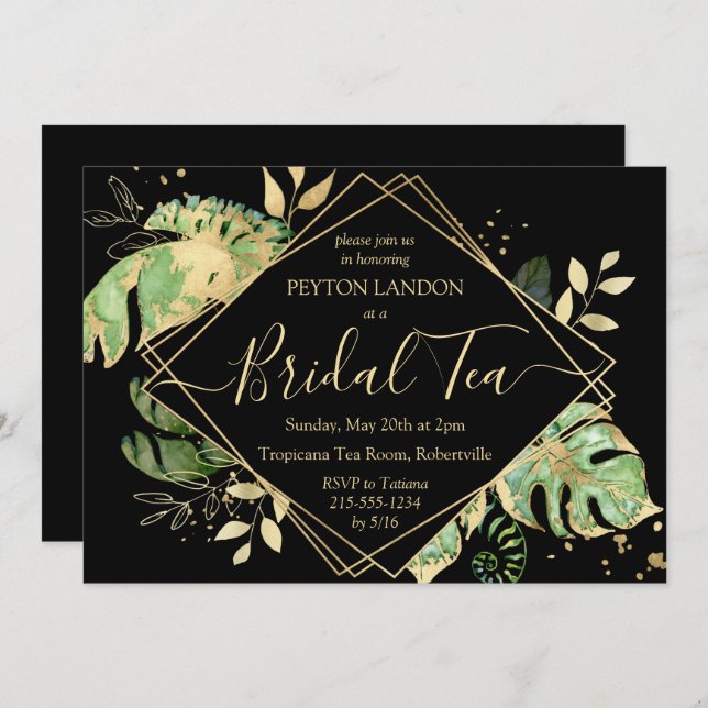 Invitación Elegante Té De Ducha Tropical Negro Y Oro De Novia (Anverso / Reverso)