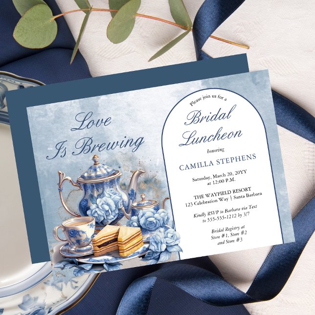 Invitación Elegante Té Floral Azul Set Bridal Luncheon Té (Elegant Blue Floral Teacup Bridal Shower Tea Landscape Invitation)