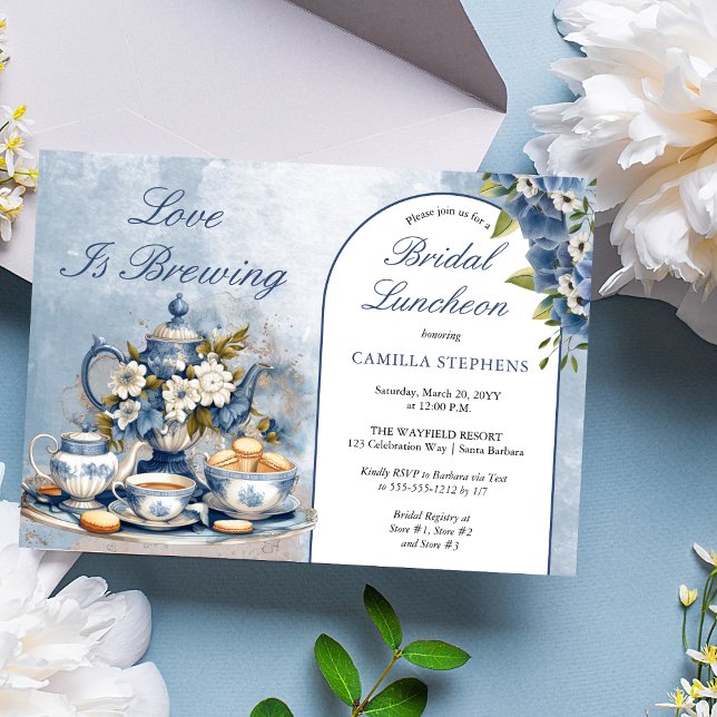 Invitación Elegante Té Floral Azul Set Bridal Luncheon Té (Elegant Blue Floral Teacup Bridal Shower Tea Landscape Invitation)