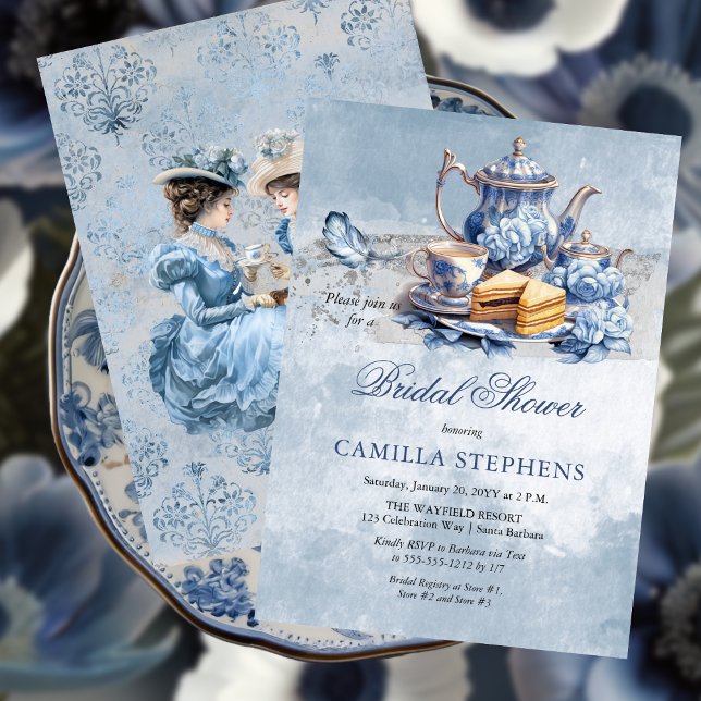 Invitación Elegante Té Floral Azul Set Bridal Shower Tea (Elegant Blue Floral Tea Set Bridal Shower Tea Party Invitation)
