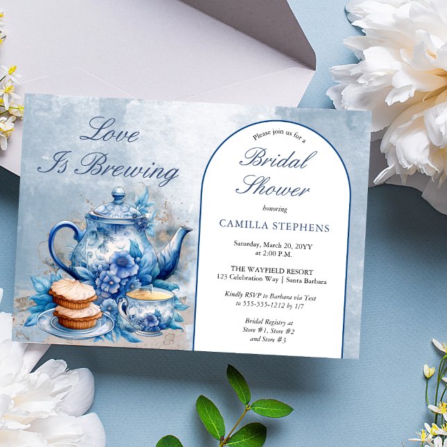 Invitación Elegante Té Floral Azul Set Bridal Shower Tea (Elegant Blue Floral Teacup Bridal Shower Tea Landscape Invitation)
