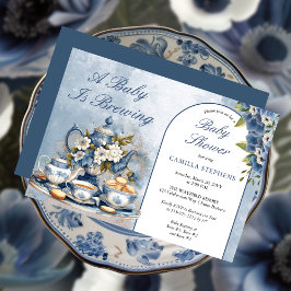 Invitación Elegante Té Floral Azul Set de té Baby Shower